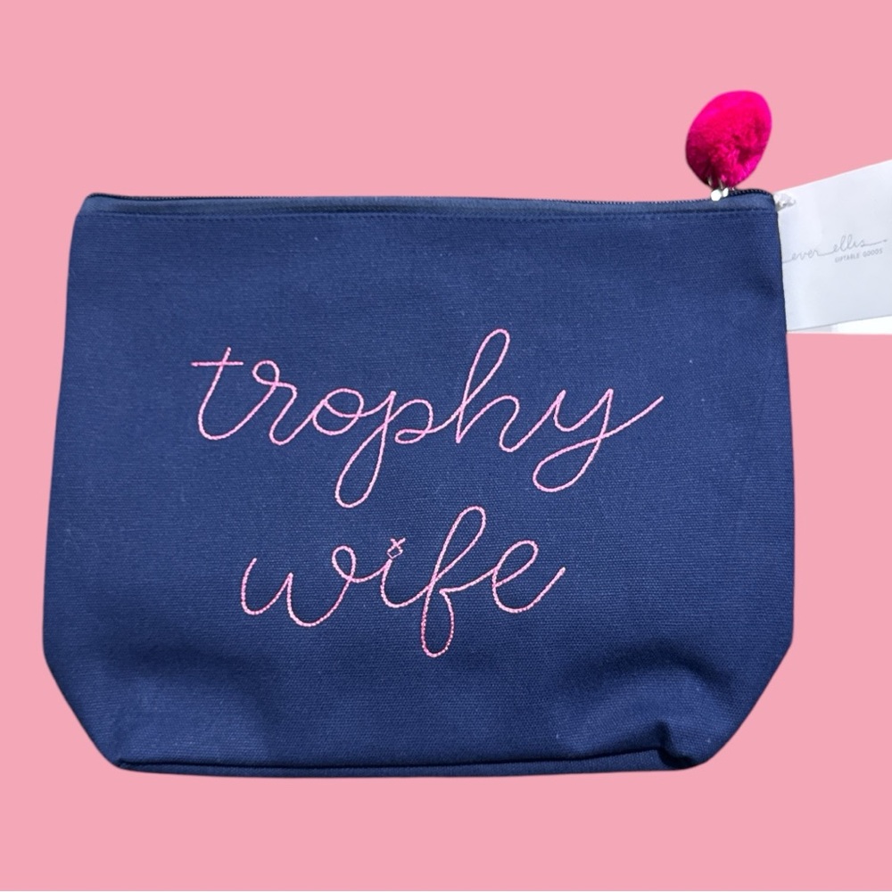Blue and Pink Cosmetic Bag with Embroidered Text
